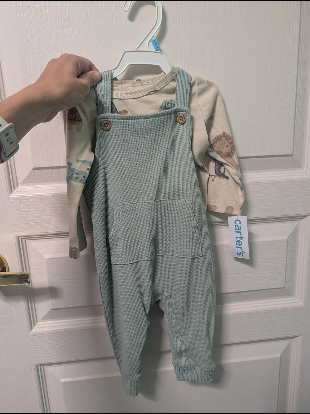 Carter's Sage Green Waffle Knit Overalls with Pocket